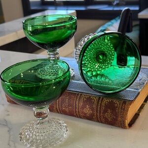 3 Vintage Anchor Hocking Green Glass Bubble Champagne Glasses Mid Century EUC